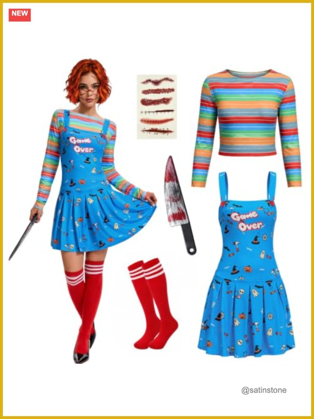 Women Killer Doll Halloween Costume Set 5PC Polyester Spandex Cosplay